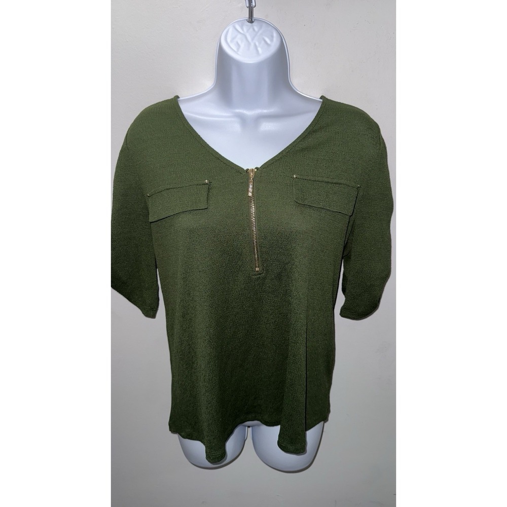Como Blu Womens Olive Green Zip Front V-Neck Textured Knit Top Short Sleeve M
